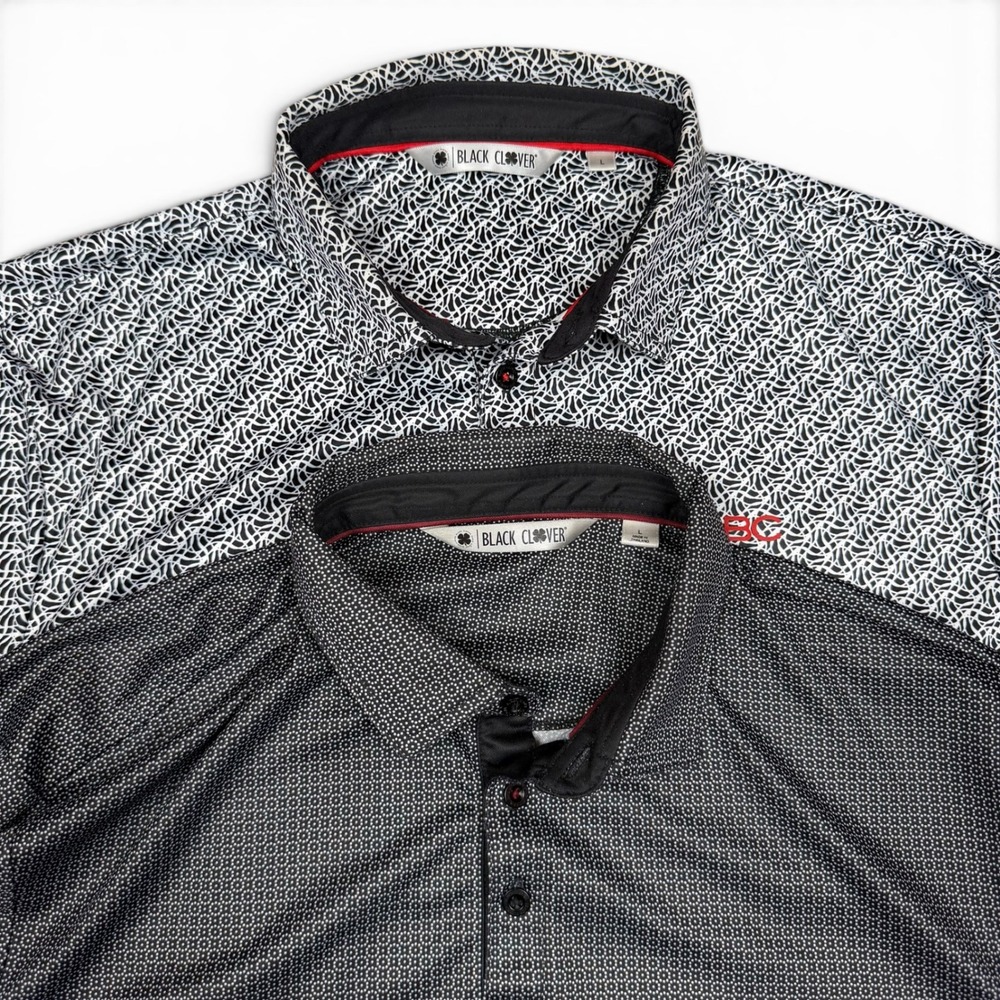 Black Clover Live Lucky 2 lot Mens Large Black White Geometric Golf Polo Shirt L - Picture 1 of 15